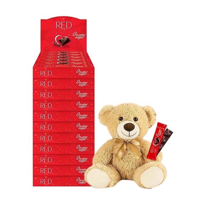 RED Delight®™ Dark Chocolate 12 Count Box of Grab N Go Travel Size Bars (0.92 Ounces Each) with 14 Plush Teddy Bear (11 Boxes - Total of 132 Bars + 14 Plush Bear)