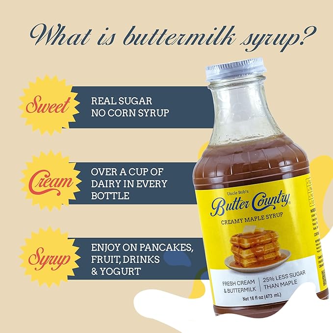 Butter Country Rich and Creamy Buttermilk Syrup | Creamy Maple Flavor | Premium Syrup for Breakfast &amp Desserts | 16 fl oz/4 Pack