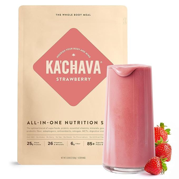 Ka’Chava All-In-One Nutrition Shake Blend Strawberry 15 Servings 85+ Superfoods &amp Nutrients Greens Plant-Based Powder Protein Drink Digestive Enzymes &amp Probiotics Vegan Dairy Gluten Free