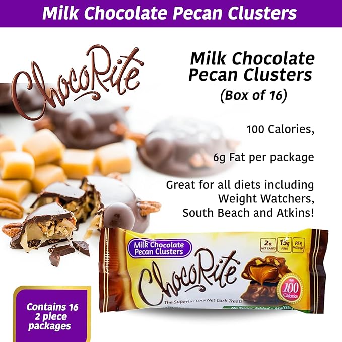 ChocoRite - Diet Milk Chocolate Pecan Clusters - 16/Box - High Fiber - Low Calorie - No Sugar Added