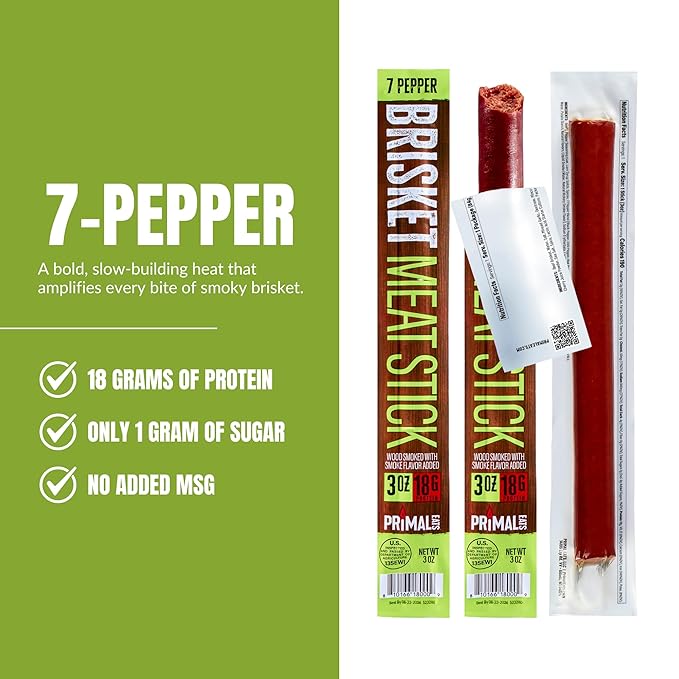 Primal Eats 7-Pepper 100% Beef Brisket Meat Sticks 3oz 10-Pack - 18g Lean Meat Protein Keto Paleo Carnivore Gluten Free Zero Sugar Beef Jerky Snack Stick
