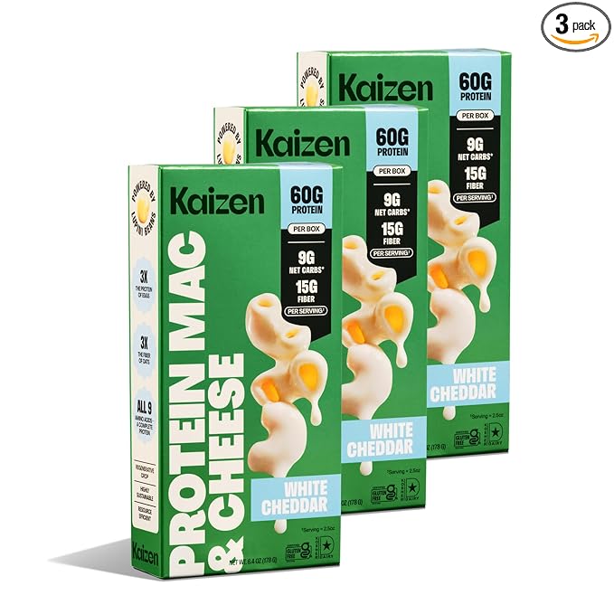 Kaizen High Protein White Cheddar Mac &amp Cheese - Low Carb Keto Friendly High Fiber Gluten-Free Non-GMO - 6.4 Ounces (Pack of 3)