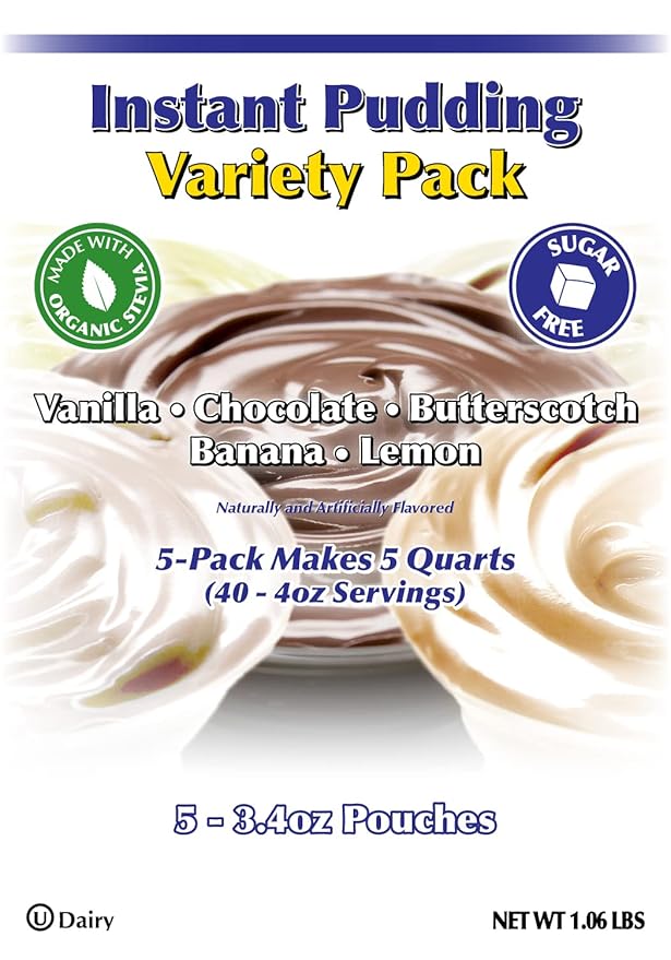 GramZero Variety (Vanilla Chocolate Butterscotch Banana Lemon) Sugar Free Pudding Mix 5-Pack Great For Nutrition Club Meal Replacement Shakes Low Calorie Dessert Stevia Sweetened