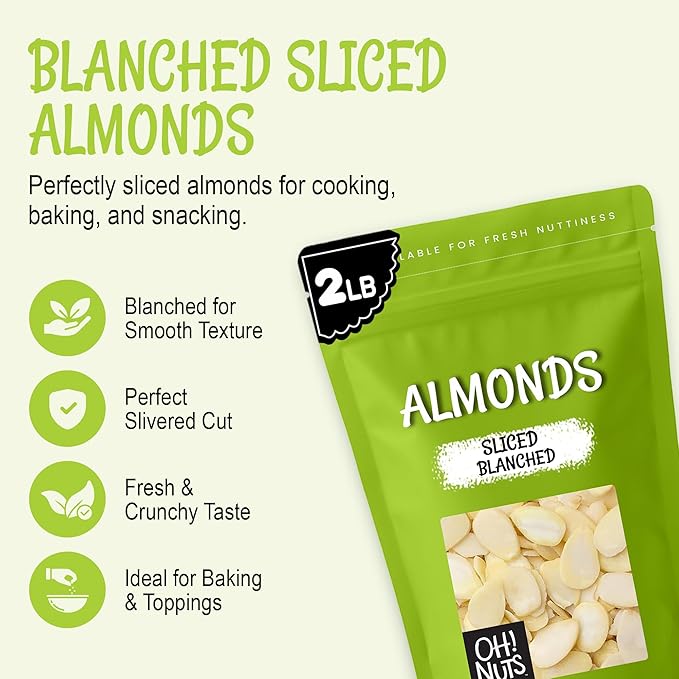 Oh! Nuts Almonds Blanched Sliced - Raw - 100% Natural - 2 LB - High-Protein Almonds - Packed in New York Zip-Seal Bag for Exceptional Freshness