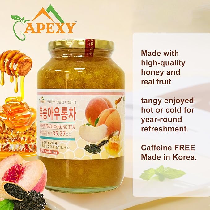 Apexy Korean Honey Peach Oolong Tea – Made with Real Fruit No Artificial Colors – Premium Drink Base Smoothies Desserts Cocktails Yogurt Spreads Made in KOREA 35.27oz (1kg). (Peach Oolong Tea)