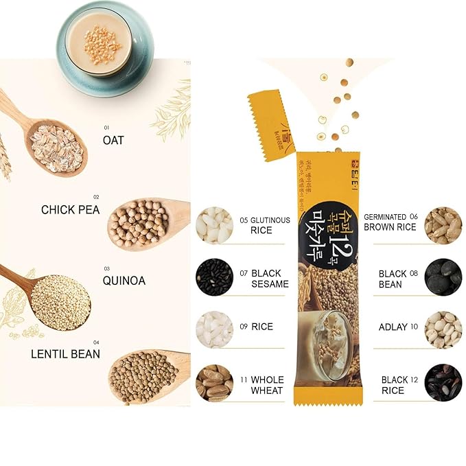 Damtuh Korean Grain Drink Mix Bundle – Walnut Almond Adlay Tea Powder (Job’s Tears/Yulmu) + 12-Grain Misugaru Multigrain Powder Latte-Style Drink Caffeine-Free 18g x 50 / 20g x 40 Stick Packs