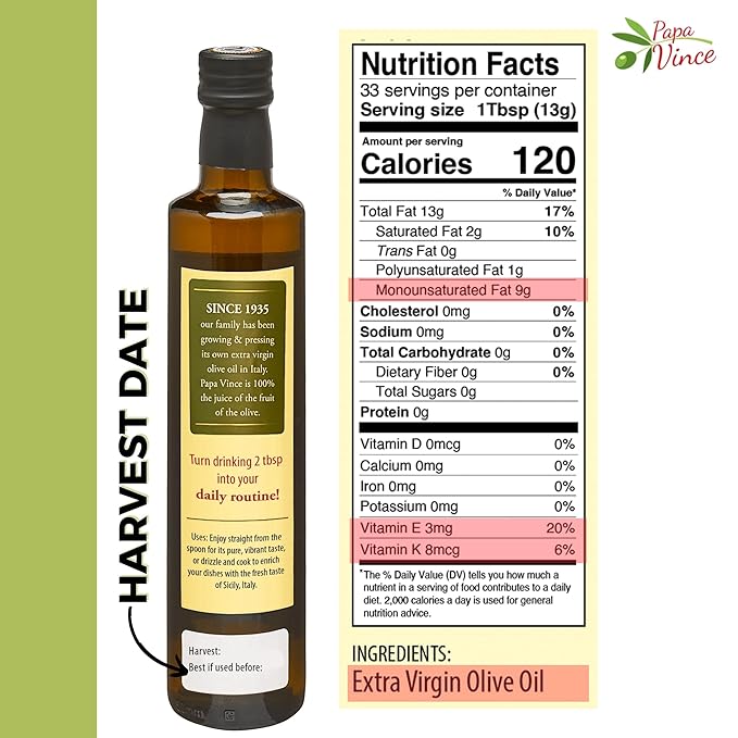 Papa Vince Olive Oil Extra Virgin - First Cold Press Family Harvest 2024/25 Polyphenol Rich Subtle Peppery Finish Unrefined High in Monounsaturated Fat No Pesticides No GMO Sicily Italy