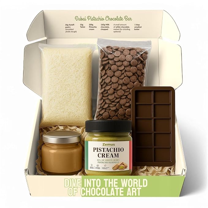 Viral Dubai Chocolate Bar Kit – Makes 14.10 oz of Bars Chocolate Mold Shredded Kataifi Pistachio Cream – DIY Gift Box Dubai Kit – Great Gift for Father’s Day