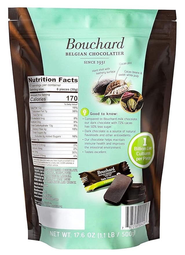 Bouchard Probiotics Belgian Chocolate Dark 72% Cacao (1.1 LB / 500 G) (2 Pack)