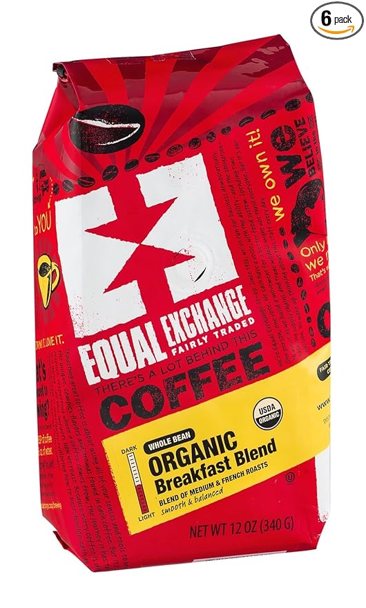 Equal Exchange Organic Whole Bean Breakfast Blend Coffee 12 Ounce -- 6 per case.