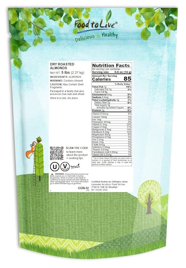 Food to Live Dry Roasted California Almonds 5 Pounds Oven Roasted Whole Nuts Unsalted No Oil Added Vegan Kosher Bulk. Good Source of Protein and Vitamin E. Great Keto-Friendly Snack