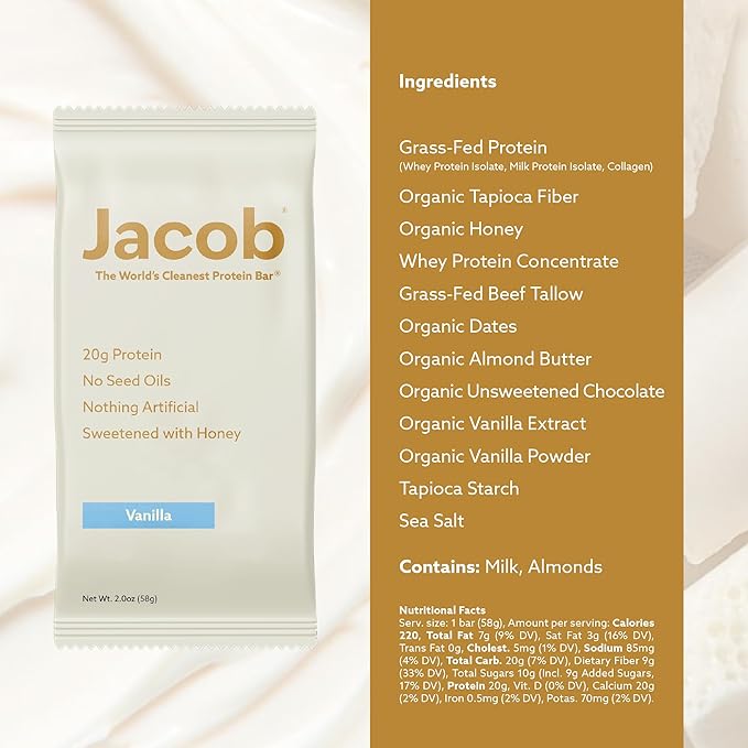 Jacob Bar Protein Bars Vanilla (9 Bars Total) - 20g Grass-Fed Protein No Seed Oils Nothing Artificial