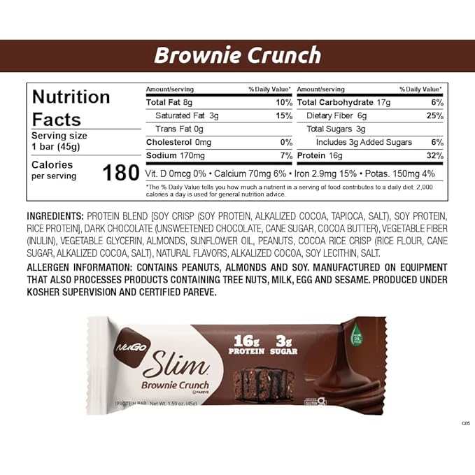 NuGo Slim 24ct Variety - Crunchy Peanut Butter 12 bars &amp Brownie Crunch 12 bars 16g Protein Keto Friendly Gluten Free 24 count