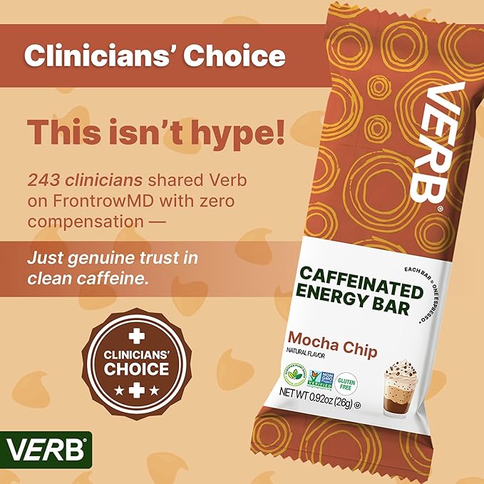 Verb Caffeinated Energy Bars Mocha Chip (26g Pack of 16) 110-Calorie Delicious Low Sugar Energy Bar - Vegan Gluten Free On-the Go Snack with 80mg Green Tea Caffeine Only Real-Food Ingredients