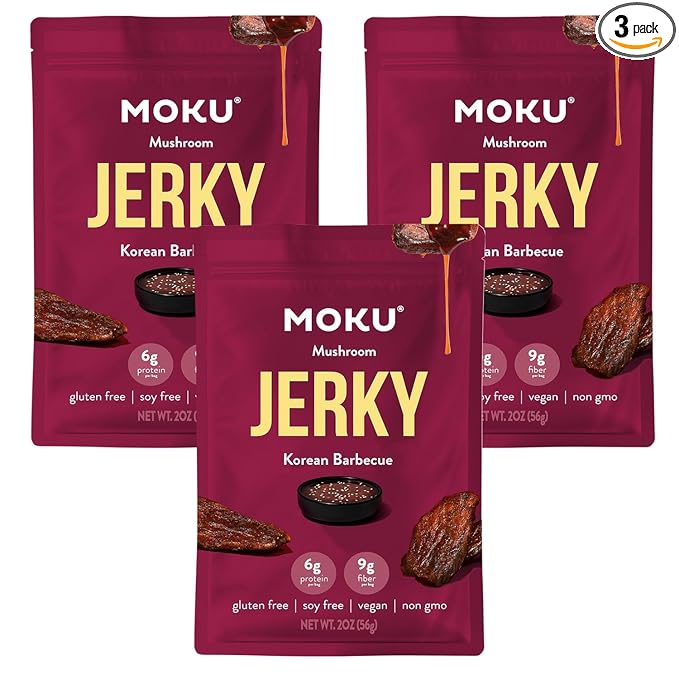 Moku Plant-Based Mushroom Jerky Vegan Gluten Free Soy-Free Non-Gmo No Artificial Sweetener Healthy Snacks 2.0 Oz Ea (3 Count Korean BBQ)