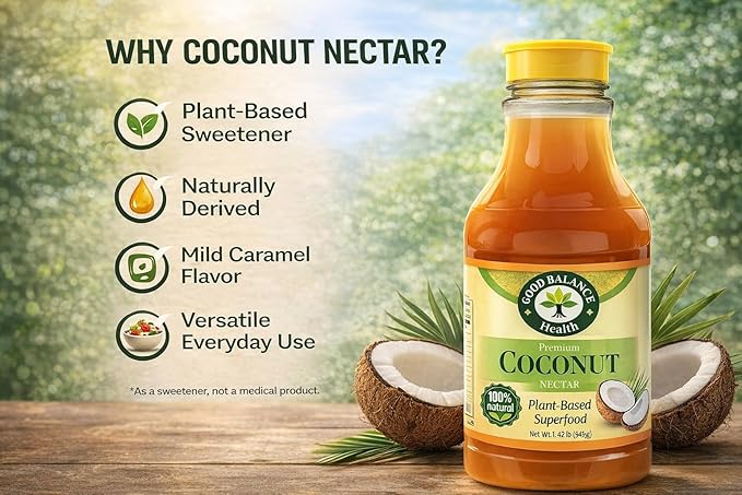 Good Balance Health Coconut Nectar | Natural Liquid Sweetener | Low Glycemic Sweetener | All Natural and Organic | Sugar Substitute | Non GMO Gluten Free Keto Sugar Vegan Friendly Baking | 22 Ounc