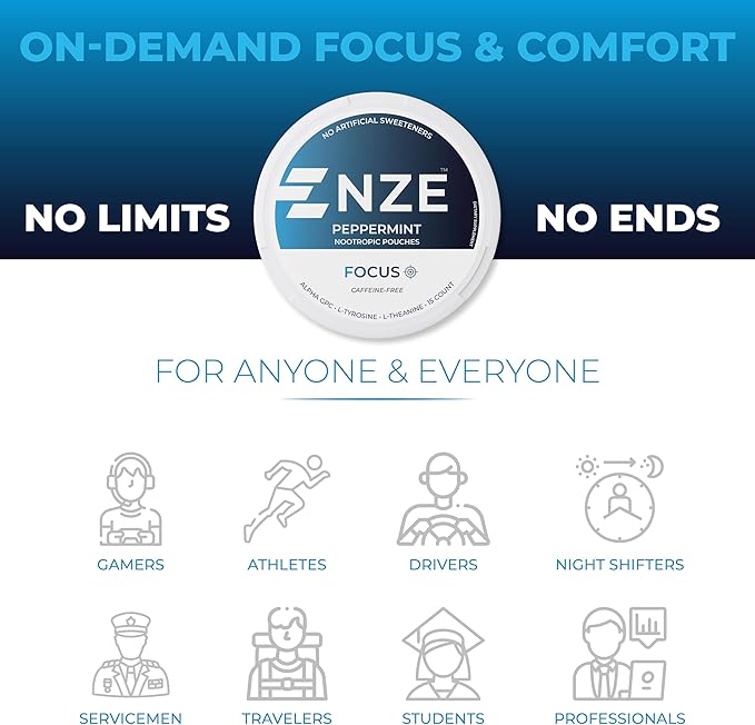 NZE Caffeine Free Nootropic Pouches (Peppermint) - Nootropic Pouches with Alpha GPC L-Tyrosine &amp L-Theanine - No Sugar or Artificial Sweeteners - 15 Nicotine Free Pouches Per Can - 5 Pack