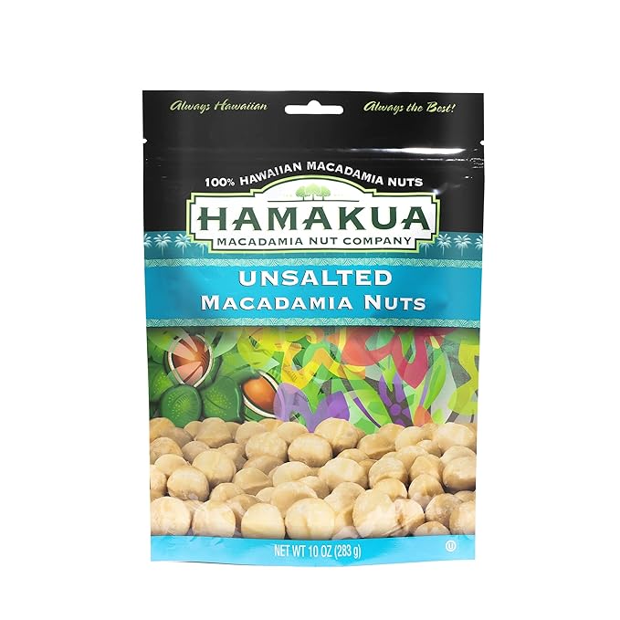 Hamakua Macadamia Nuts - Unsalted Hawaiian Grown Dry Roasted Half and Whole Macadamias without Salt - Natural Eco-Friendly Large Macadamia Nuts (10 oz Pouch)