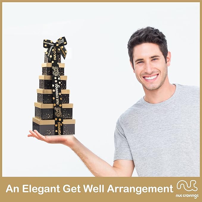NUT CRAVINGS Gourmet Collection - Get Well Soon Nuts &amp Dried Fruits Tower Gift Basket with Get Well Soon Ribbon (12 Assortments) Food Arrangement Healthy Snack Care Package Food Assortments