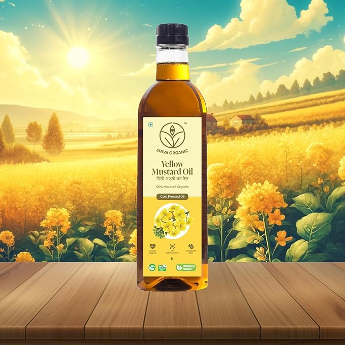 Shiva Organic Cold-Pressed Yellow Mustard Oil - 100% Natural Certified Organic - 1L (33.8 fl oz) for Cooking Massage and Hair Care