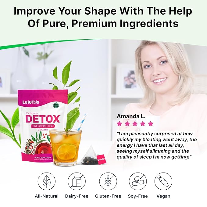 LULUTOX Detox Tea - Slimming Tea with Dandelion and Ginseng to Support Goals for Detox Cleanse Flat Belly Bloating Healthy Weight and Digestive Health - Women &amp Men - Peach Flavor (28 Servings)