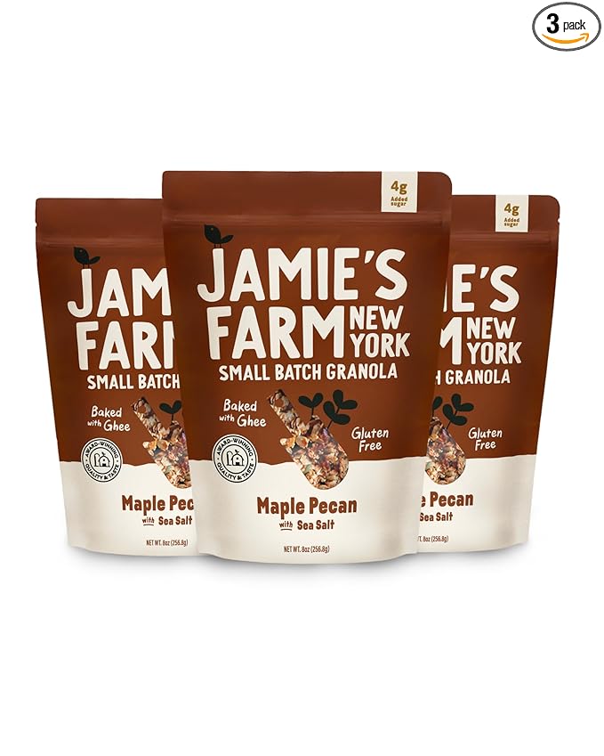 Jamie's Farm New York Maple Pecan Granola with Sea Salt (3 pcs) - Gluten Free Organic Granola Cereal Low Sugar | Baked w/Grass-fed Ghee | Maple Flavor Healthy &amp Gluten Free Snack - 8oz/pcs