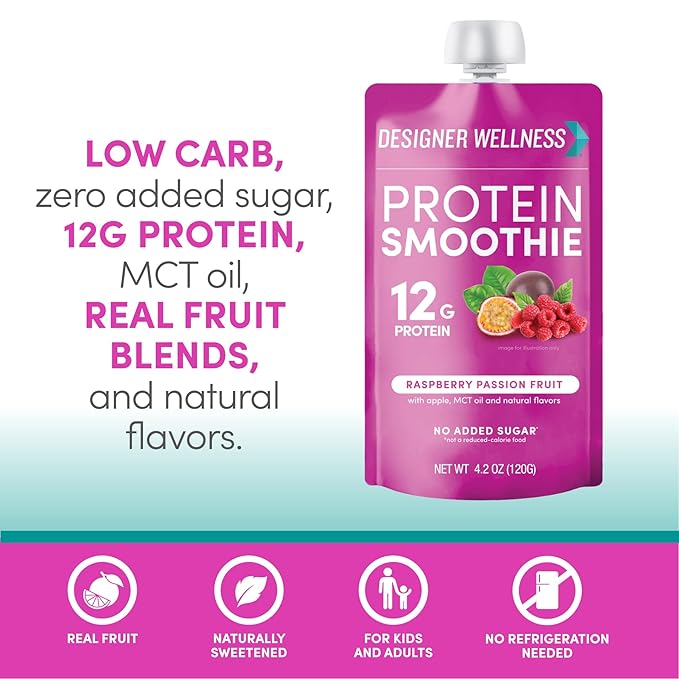 Designer Wellness Protein Smoothie Real Fruit 12g Protein Low Carb Zero Added Sugar Gluten-Free Non-GMO No Artificial Colors or Flavors Raspberry Passion Fruit 12 Count