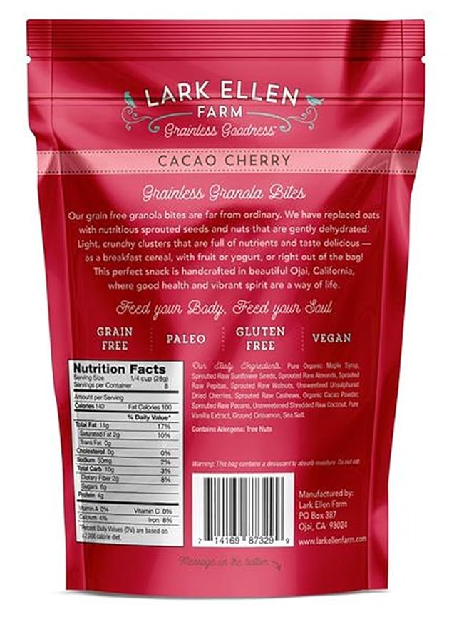 Lark Ellen Farm Cacao Cherry Grain-Free Granola Clusters Organic Vegan Nut and Seed Mix Gluten-Free Crunchy Bites for Snack Breakfast or Yogurt 8 oz 3 Pack
