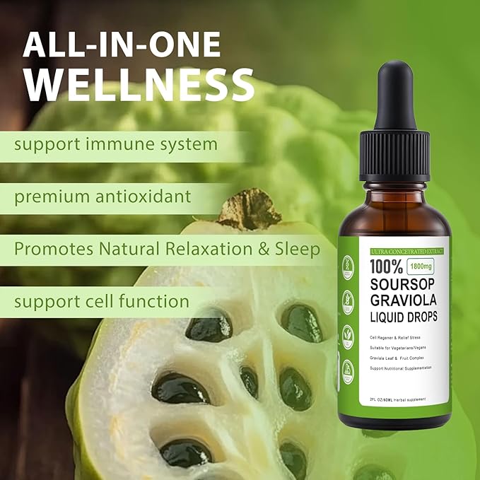 Soursop Graviola Liquid Drop 100% Organic Pure Soursop Leaves and Fruit Extract Soursop Bitters Liquid Soursop Extract Organic Pure 1800mg Sugar/Gluten Free Natural Flavor