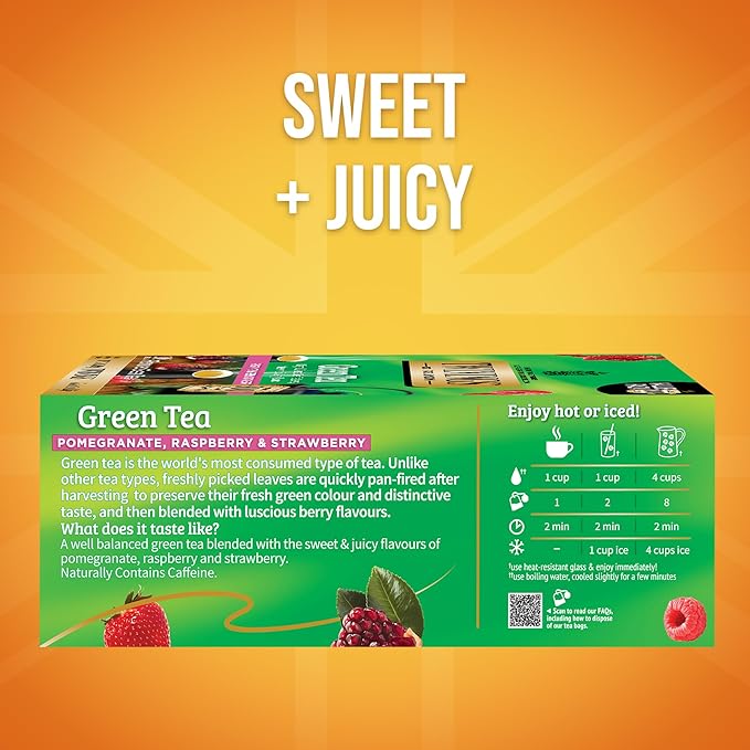 Twinings Green Tea with Pomegranate Raspberry &amp Strawberry Individually Wrapped Bags 100 Count (Pack of 1) Caffeinated Enjoy Hot or Iced 100 Teabags
