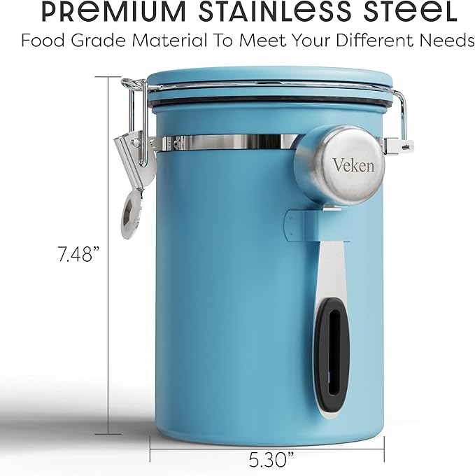 Veken Coffee Canister with Window Easter Gifts Airtight Stainless Steel Container with Lids Home Kitchen Food Storage Jars for Grounds Beans Tea Flour Cereal Sugar Basket Scoop 22OZ Blue