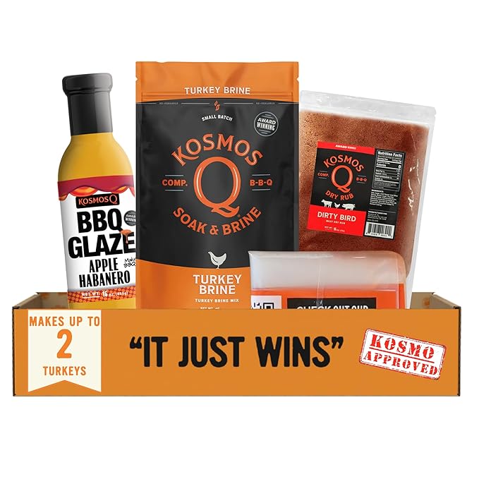 Kosmos Q Complete Turkey Brine Kit - Full Seasoning Kit with Turkey Brine Dirty Bird Spice Shaker &amp Cherry Apple Habanero BBQ Glaze - Brine Rubs and Glaze for a Tender Juicy Turkey