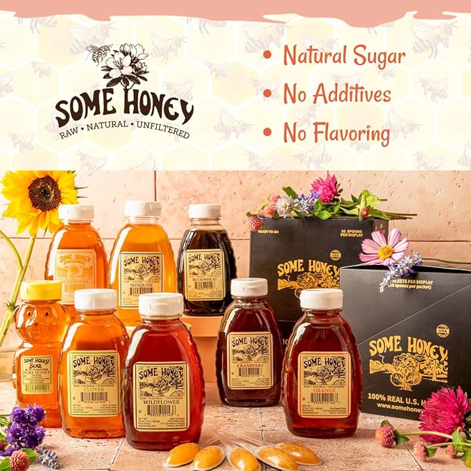 Some Honey Raw &amp Unfiltered Honey Spoon Stirrers – 100% Pure U.S. Honey USDA Grade A Kosher All-Natural – Individually Wrapped Single-Serve Spoons for Tea Coffee &amp Travel – 50 Pack