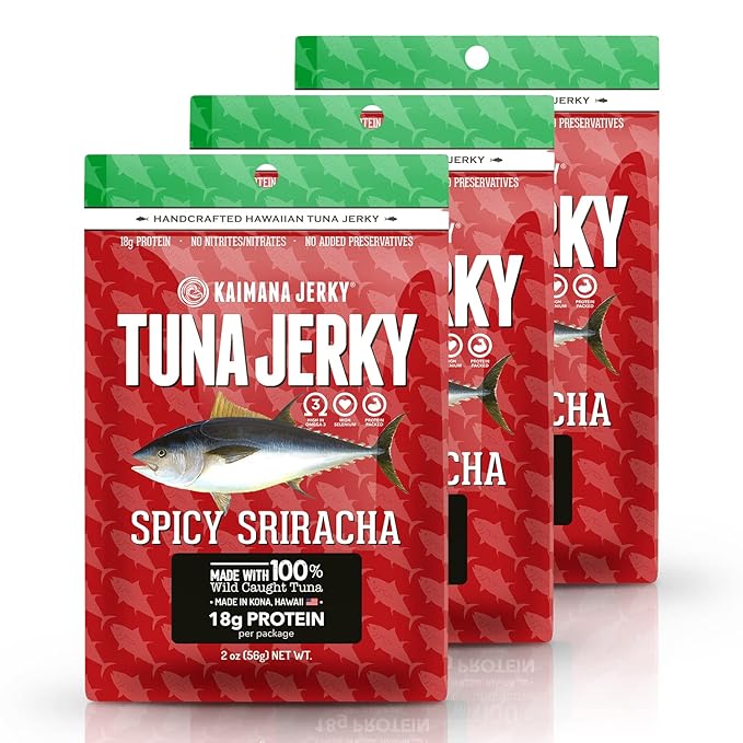 Sriracha Tuna Jerky - Wildly Delicious Yellowfin Ahi Fish Jerky - Made with Americas Original Spicy Sriracha Hot Sauce - 3 Pack