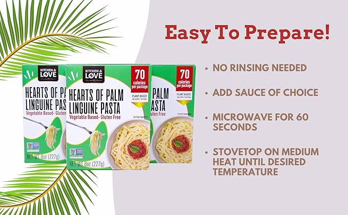 Kitchen &amp Love Hearts of Palm Linguine Low Carb Low Calories Plant Based Non GMO Gluten Free Pasta Alternative Vegan Easy to Prepare Quick Meal 8 Oz (Pack of 3)