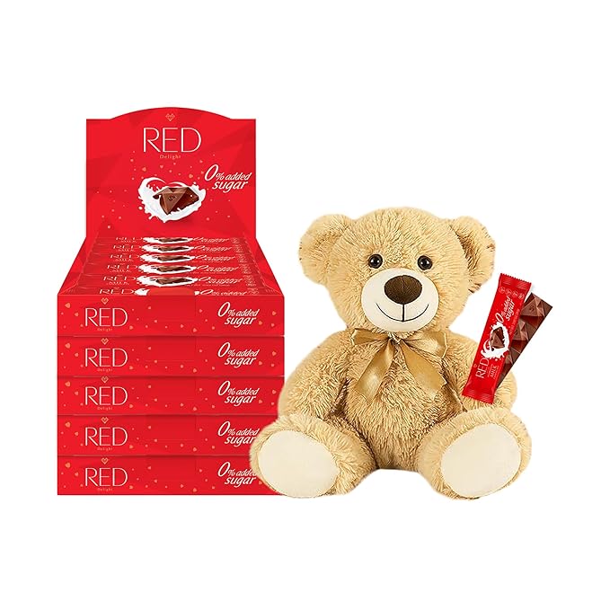 RED Delight®™ Milk Chocolate 12 Count Box of Grab N Go Travel Size Bars (0.92 Ounces Each) with a 14 Plush Teddy Bear (5 Boxes - Total of 60 Bars + 14 Plush Teddy Bear)