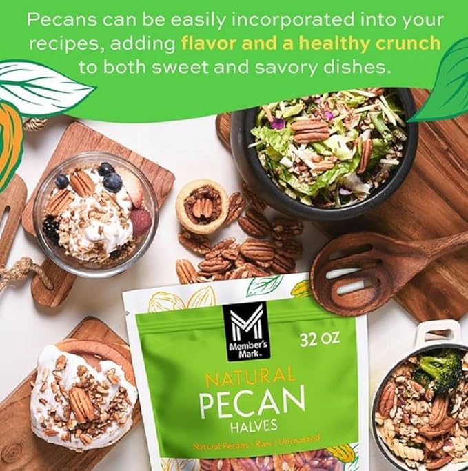 Member Mark Natural Pecan Halves 32 oz | Unsalted Raw Pecans in Resealable Bag | Fresh Crunchy Nuts for Baking Snacking &amp Cooking