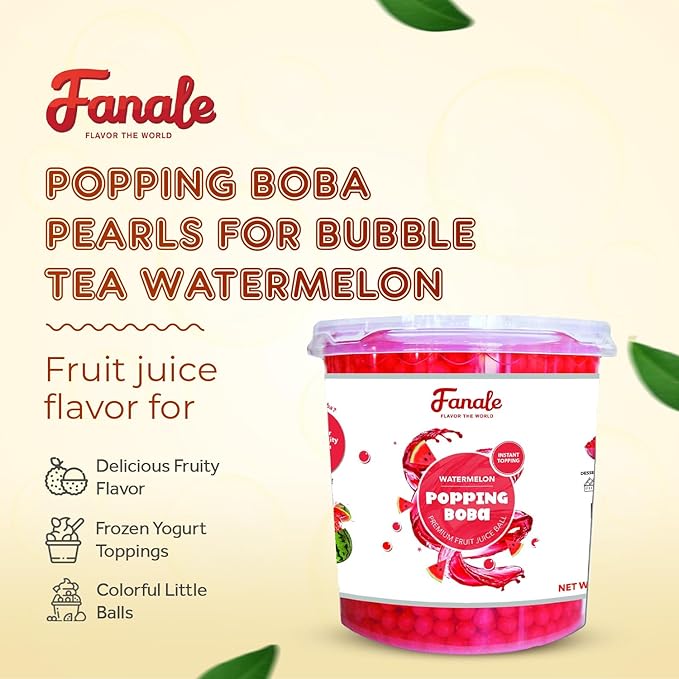 Fanale Watermelon Popping Boba Pearls Vegan Non GMO Gluten Free Fat Free Perfect for Bubble Tea Smoothies Ice Cream Desserts and Beverages.