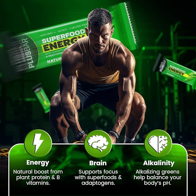 Greens+ Plusbar Energy Natural Gluten-Free Snack with Super Greens Superfoods &amp Almond Butter Vegan Dairy-Free Non-GMO 10g Protein Meal Replacement 12 Pack
