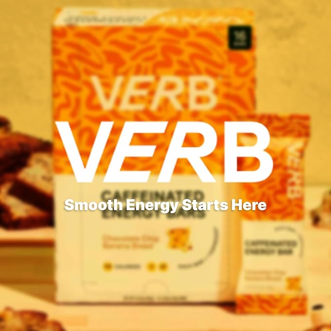 Verb Caffeinated Energy Bars Chocolate Chip Banana Bread (26g Pack of 16) 110-Calorie Delicious Energy Bar Gluten Free On-the Go Snack with 80mg Green Tea Caffeine Only Real-Food Ingredients