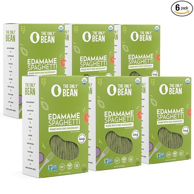 The Only Bean - Edamame Pasta (Spaghetti) - Gluten Free Pasta Keto Low Carb Pasta Noodles High Protein Pasta Organic Healthy Noodles Edamame Pasta Edamame Noodles Vegan Pasta - 8 oz (6 Pack)