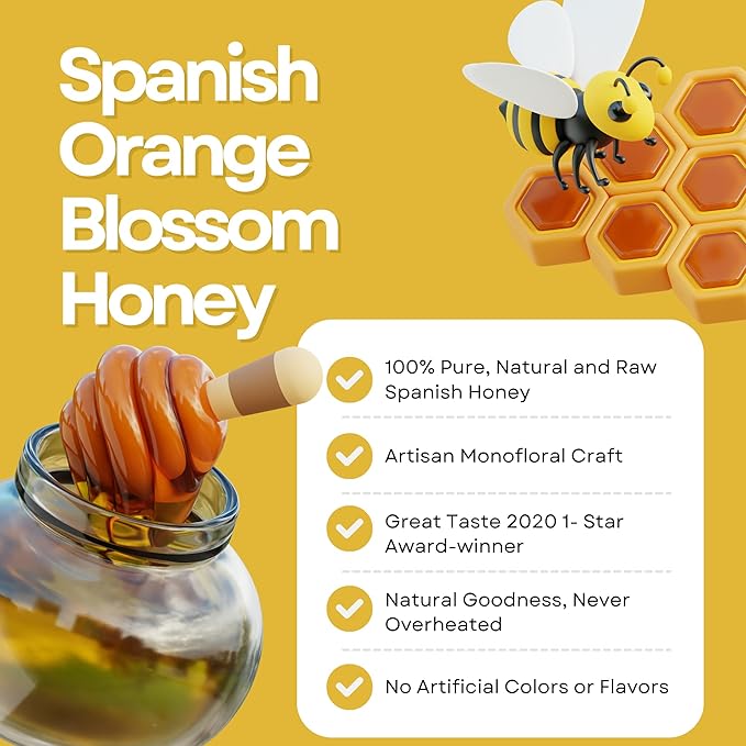 Heather Hills Farm Raw Spanish Orange Blossom Honey 340g (12oz) | Pure Natural Artisan Monofloral Honey from Spain in Glass Jar | Unfiltered &amp Unpasteurized Delicately Sweet Citrus Finish