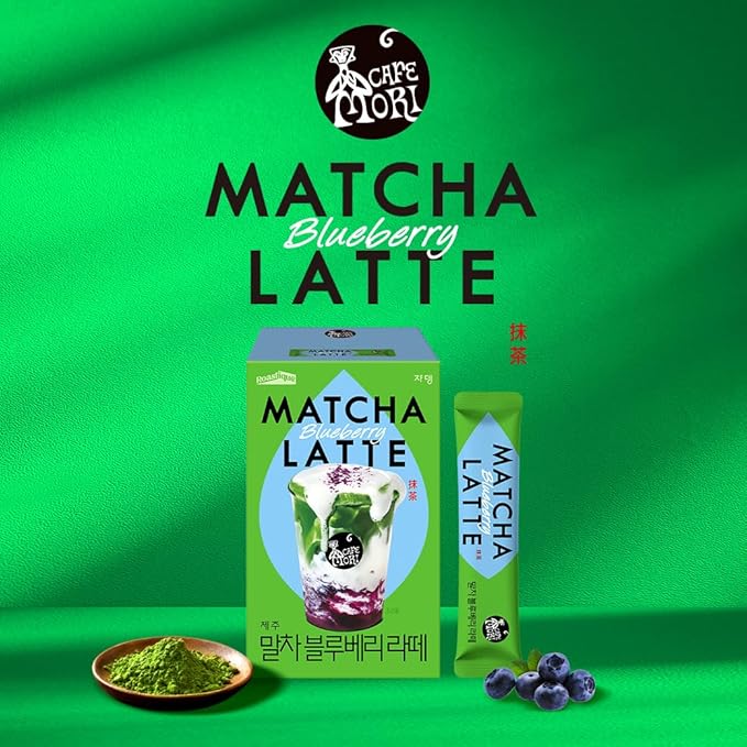 ROASTIQUE Official Café Mori Jeju Matcha Latte 10 Sticks 90 Calories Ceremonial Grade Green Tea Powder Sweetened Café Quality Drink Mix Blueberry 7 oz