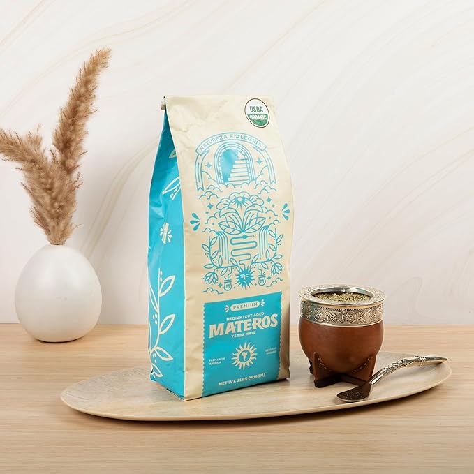 Materos Premium Loose Leaf Yerba Mate Tea - Organic Unsmoked Smooth Traditional Taste from South Brazil - Medium Cut Ideal Hot Drink for Cold Weather Pure Natural Energy &amp Focus - 2 LBs