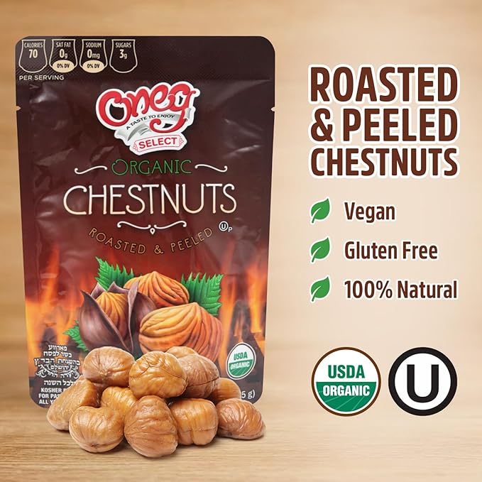 Oneg Roasted Chestnuts Peeled and Ready to Eat 6 Pack of Organic Roasted Chestnuts 5.3oz Each Vacuum Packed Perfect for Snacking or Holiday Treats Ideal Peeled for Sharing