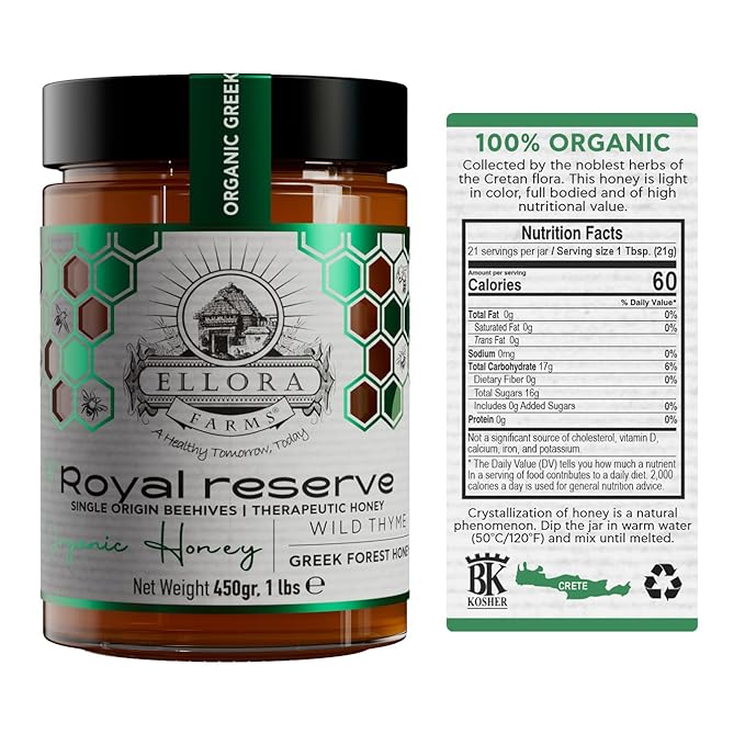 Ellora Farms Organic &amp PDO Raw Greek Honey Bundle – Wild Thyme &amp Pine+Thyme Raw Unfiltered Gift Pack - 2×450g