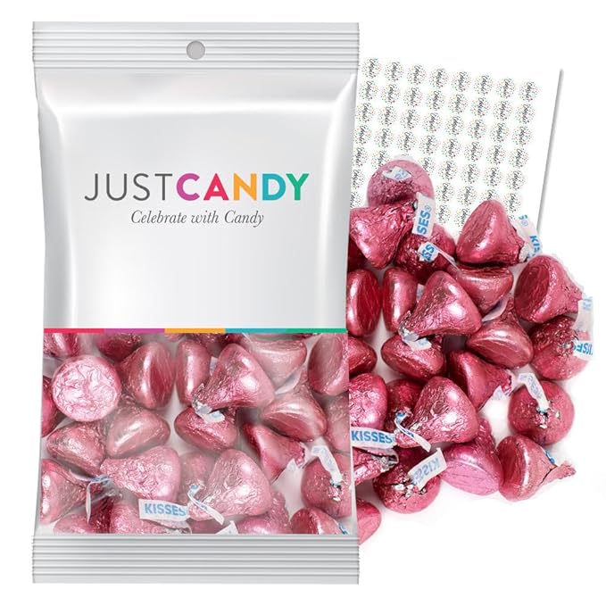 Pink Foil Kisses 90 ct Milk Chocolate Candy Plus Exclusive Free Kiss Stickers by Just Candy