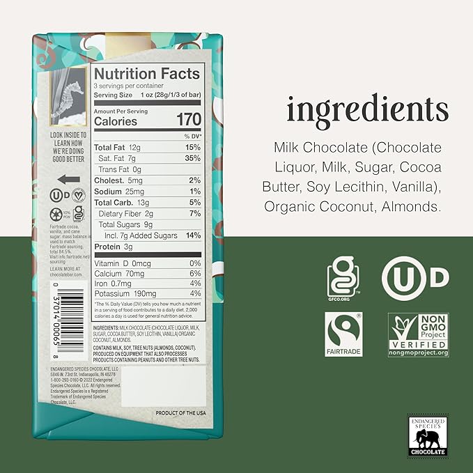 Endangered Species 48% Cocoa Coconut &amp Almonds Milk Chocolate Bar Non GMO 3 Ounces (Pack Of 12)