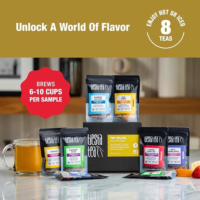 Tiesta Tea - Top 8 Favorites Sampler Set Loose Leaf Up to 80 Cups High to No Caffeine Hot &amp Iced Tea Variety Pack with Green Herbal &amp Black 8 Sample Pouches