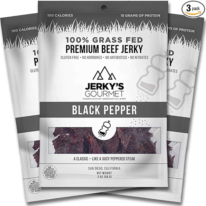 Black Pepper Grass Fed Beef Jerky - 100 Calorie Snacks Gourmet Healthy Low Carb High Protein - Keto Friendly &amp Gluten Free (3 Packs)